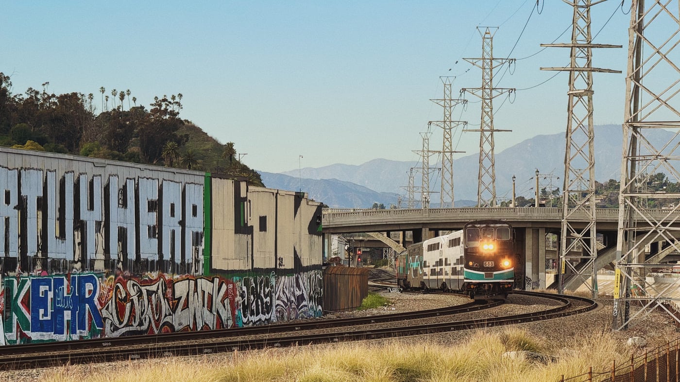 Commuter train approaching on a curved track beside a wall covered in graffiti, with power lines, a bridge, and distant mountains in the background.